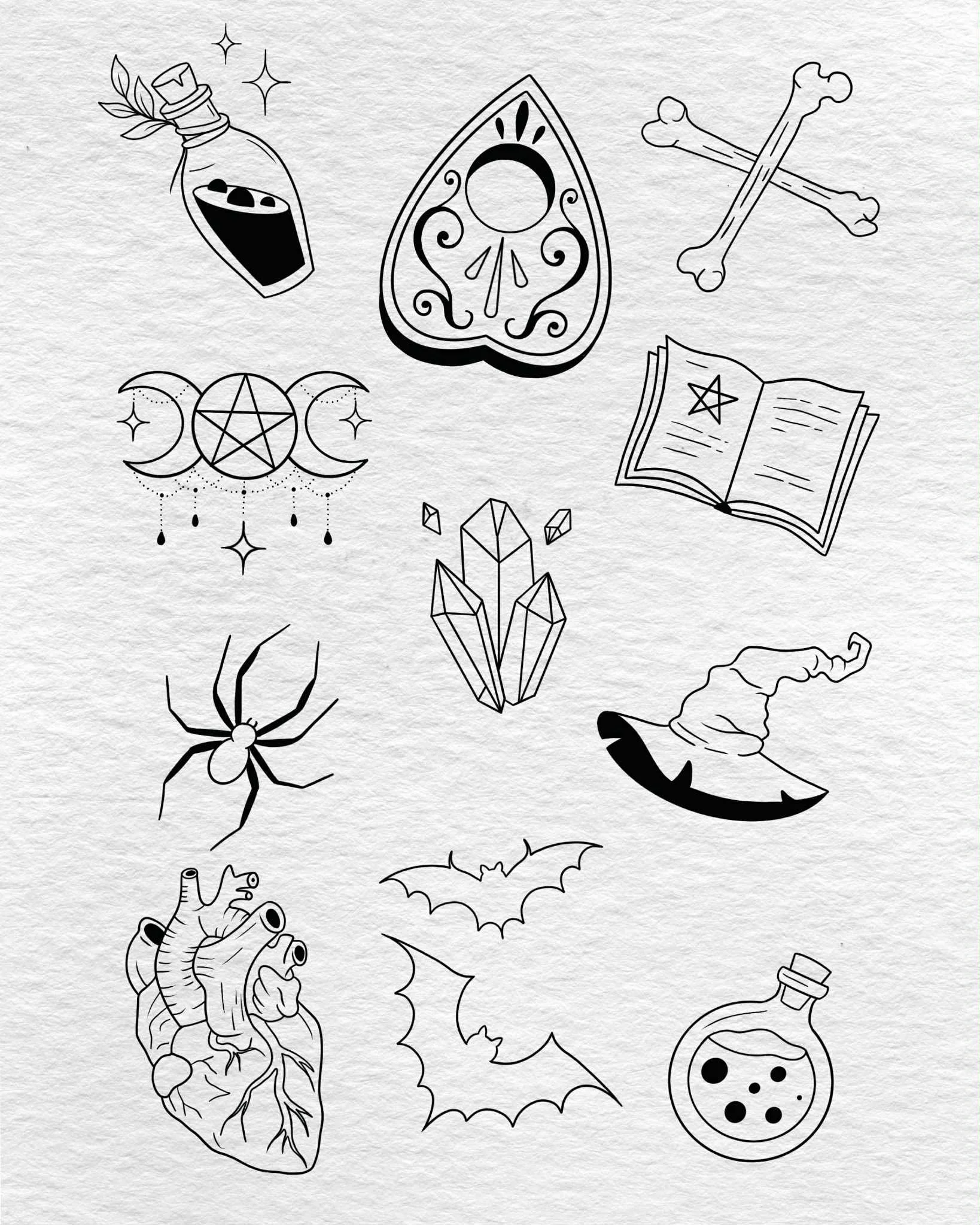 Collection of black and white Halloween-themed illustrations, including a potion bottle, a heart-shaped crystal with designs, crossed bones, an open spell book, a witch's hat, a spider, a bat, a human heart, a test tube with liquid, and a moon with c
