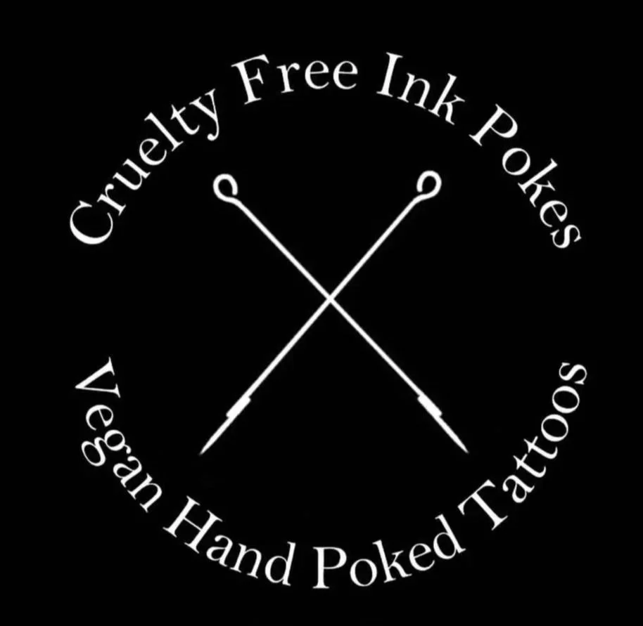 Logo for vegan, cruelty-free ink pens featuring crossed needles and circular text reading 'Cruelty Free Ink Pokes' and 'Vegan Hand Poked Tattoos'.