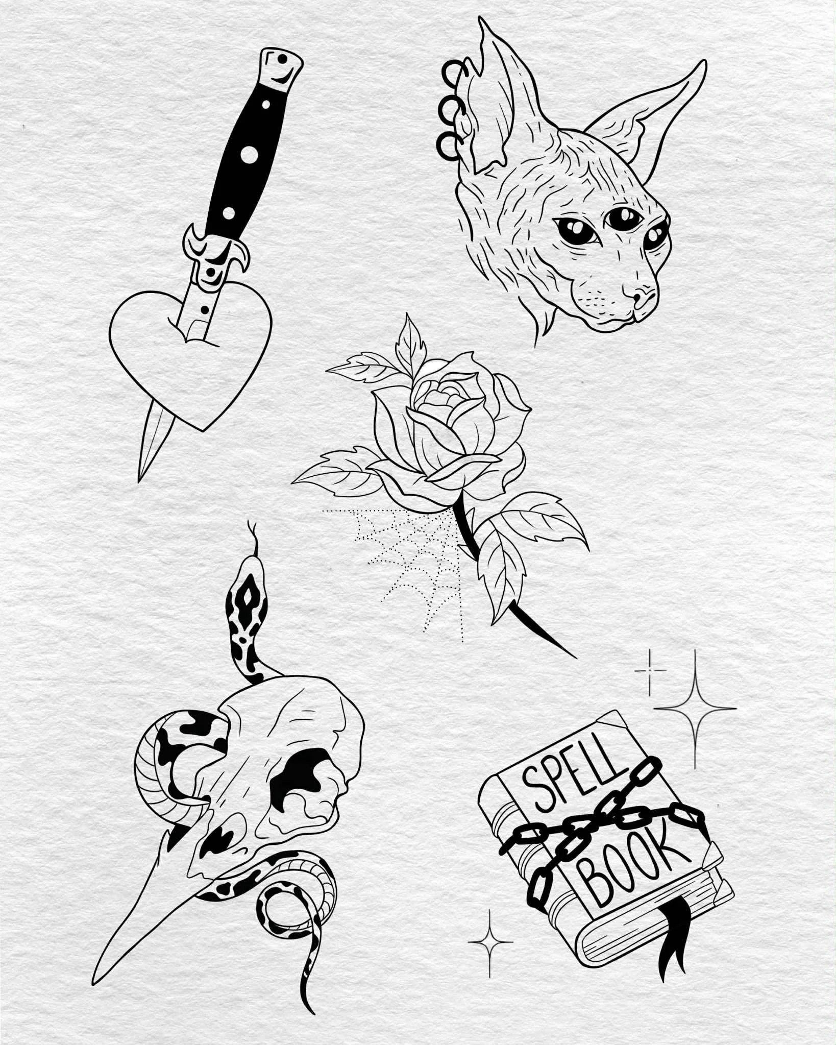 Collection of black and white tattoo-style illustrations including a dagger piercing a heart, a cat's face with three eyes, a rose, a snake skull, a spellbook chained closed, and small star accents.