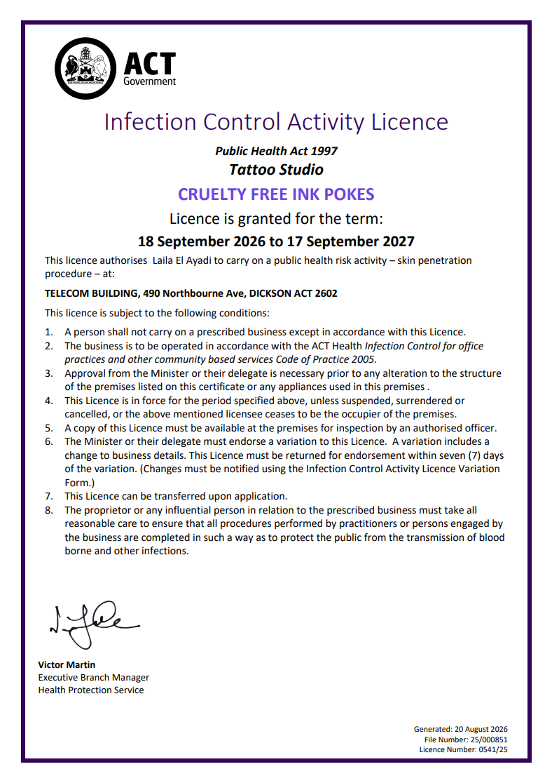 Licence certificate for a tattoo studio from ACT Government, issued on September 18, 2025, valid until September 17, 2026, with details about conditions and authorized signatures.