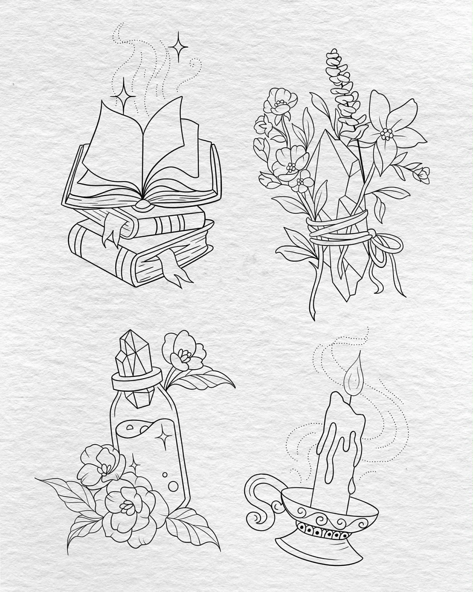 Line drawings of mystical objects: an open book with stars above, a bouquet of flowers with crystals, a potion bottle with flowers, and a lit candle in a decorative holder.