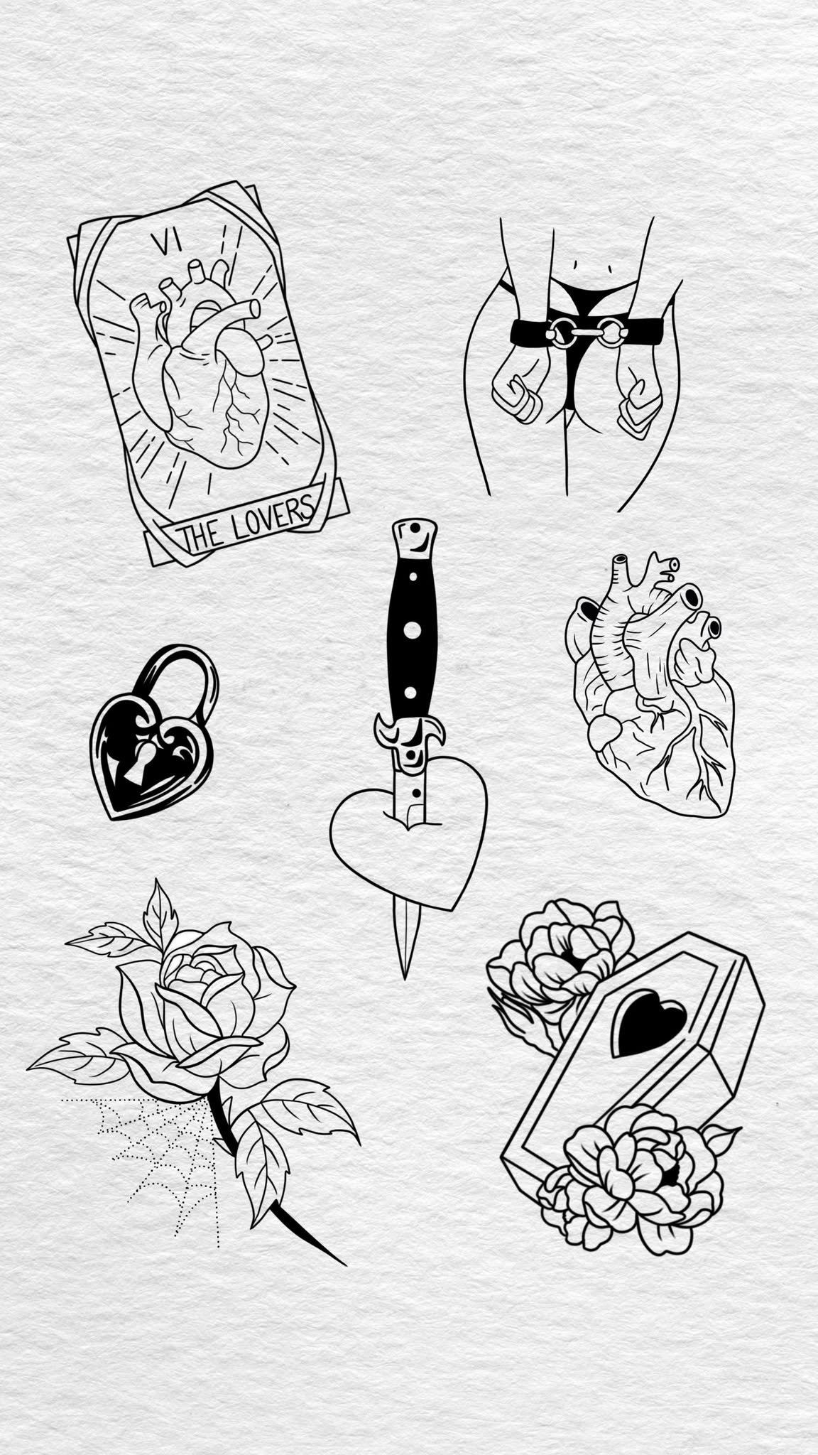 Collection of line art tattoos, including a heart with a syringe, a heart with handcuffs, a lock with a heart, a rose with a spider web, a heart-shaped box, and various hearts.