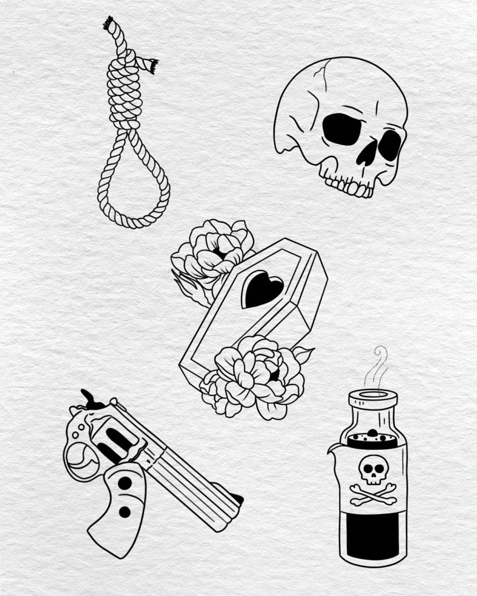 Black and white tattoo-style drawings of a noose, human skull, coffin with flowers, pistol, and a jar with skull and crossbones.