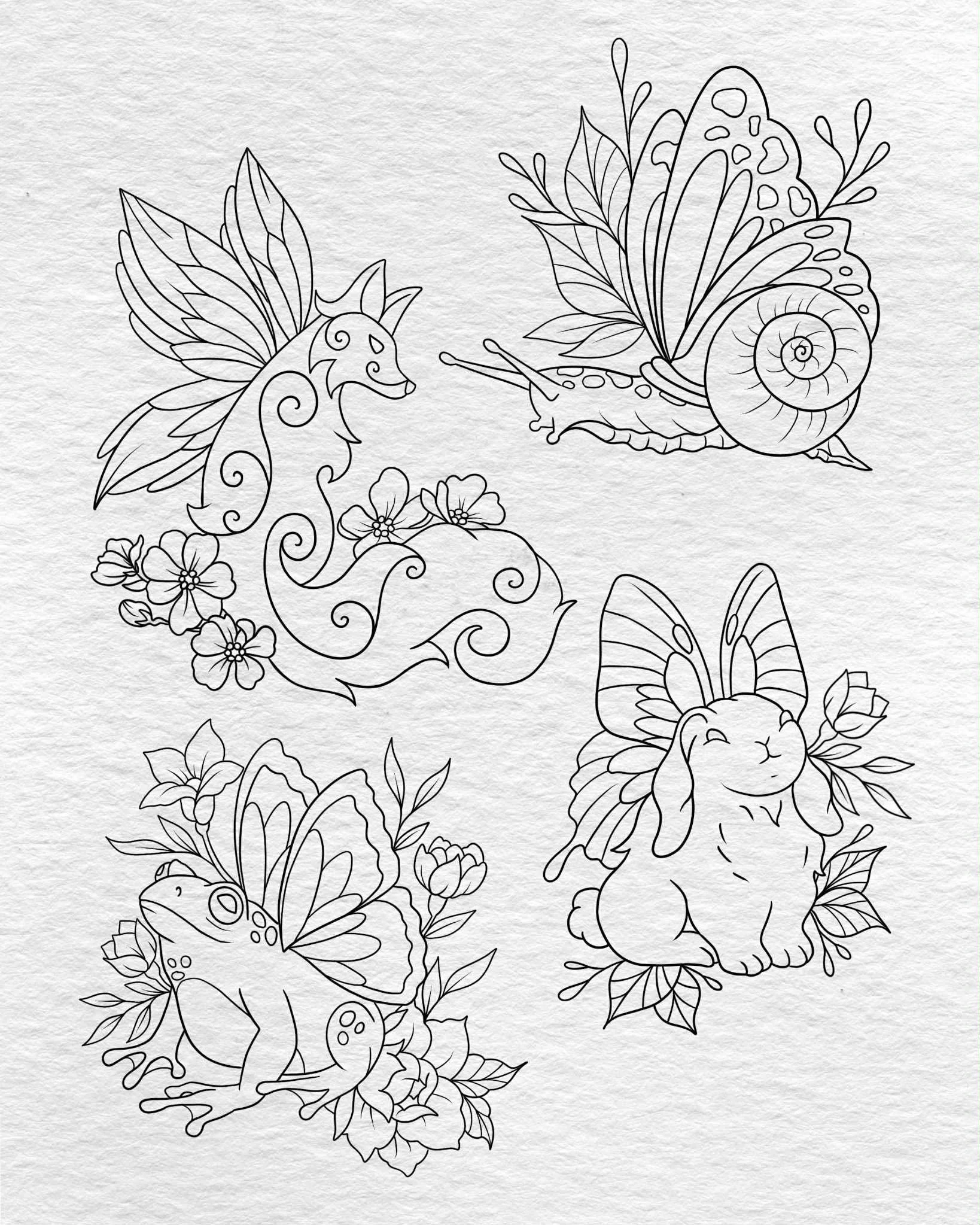 Black and white coloring page featuring four whimsical creatures with butterfly and snail wings, surrounded by flowers and leaves.