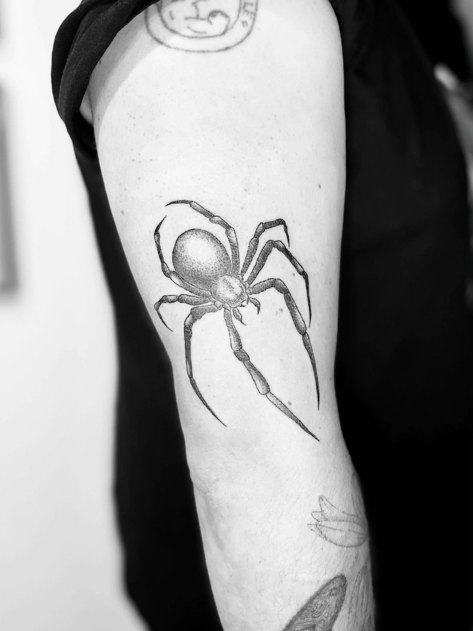 Black and white tattoo of a spider on a person's upper arm.