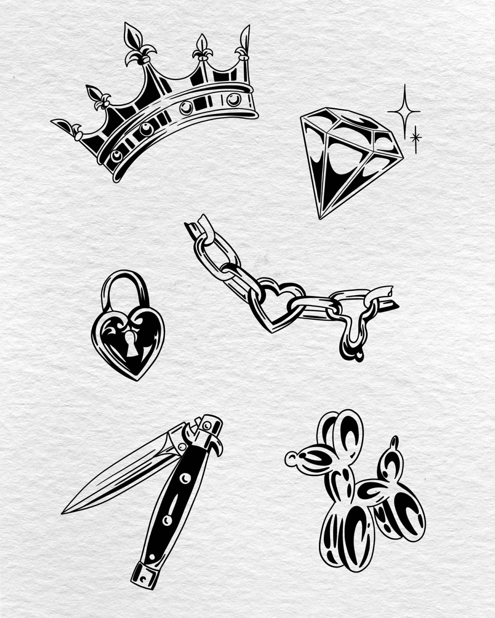 Black and white tattoo-style illustrations of a crown, a diamond, a heart-shaped lock, a chain, a folding knife, and a butterfly.
