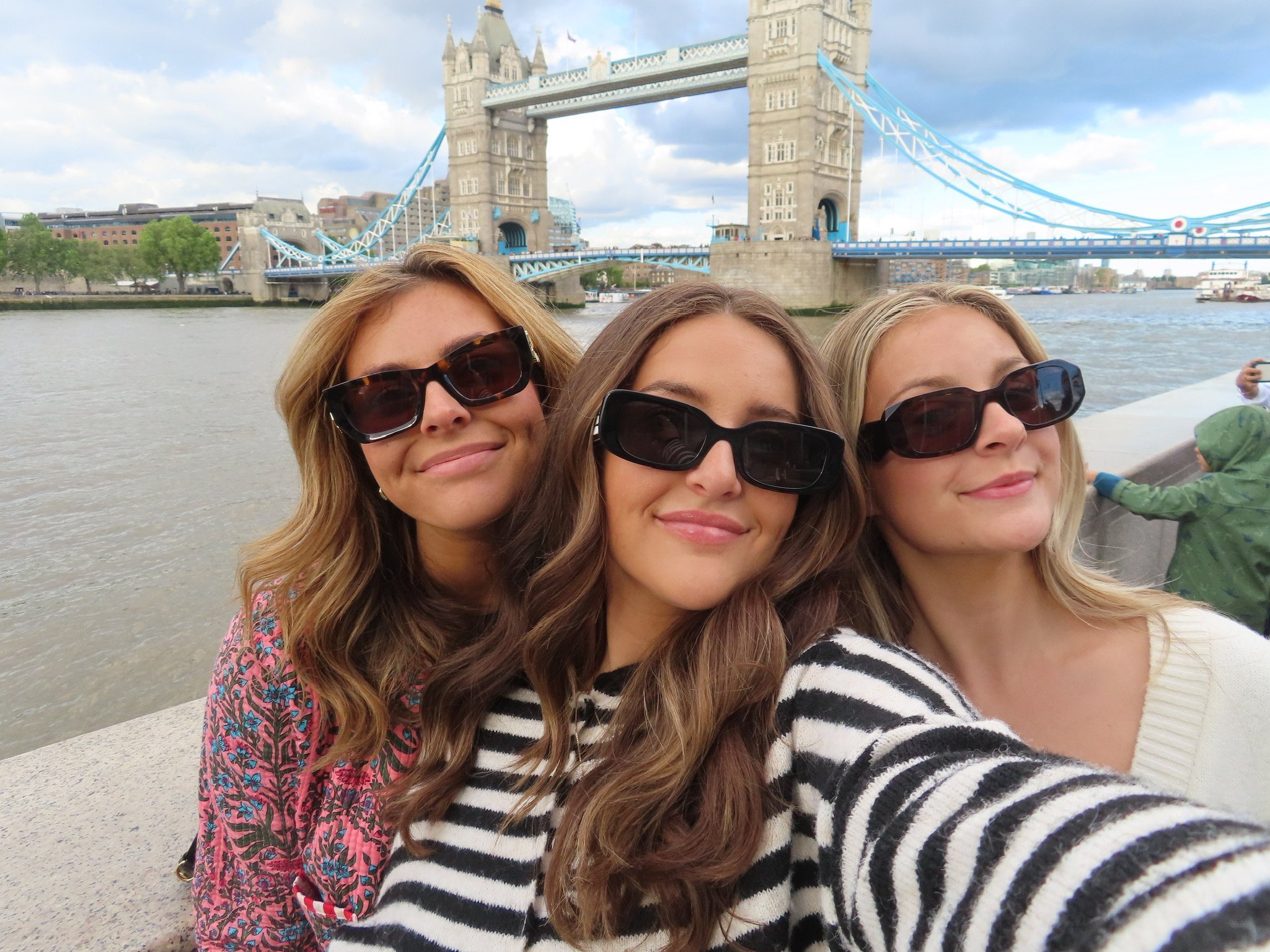 Three women taking a selfie with Tower Bridge in London in the background, wearing sunglasses and smiling.