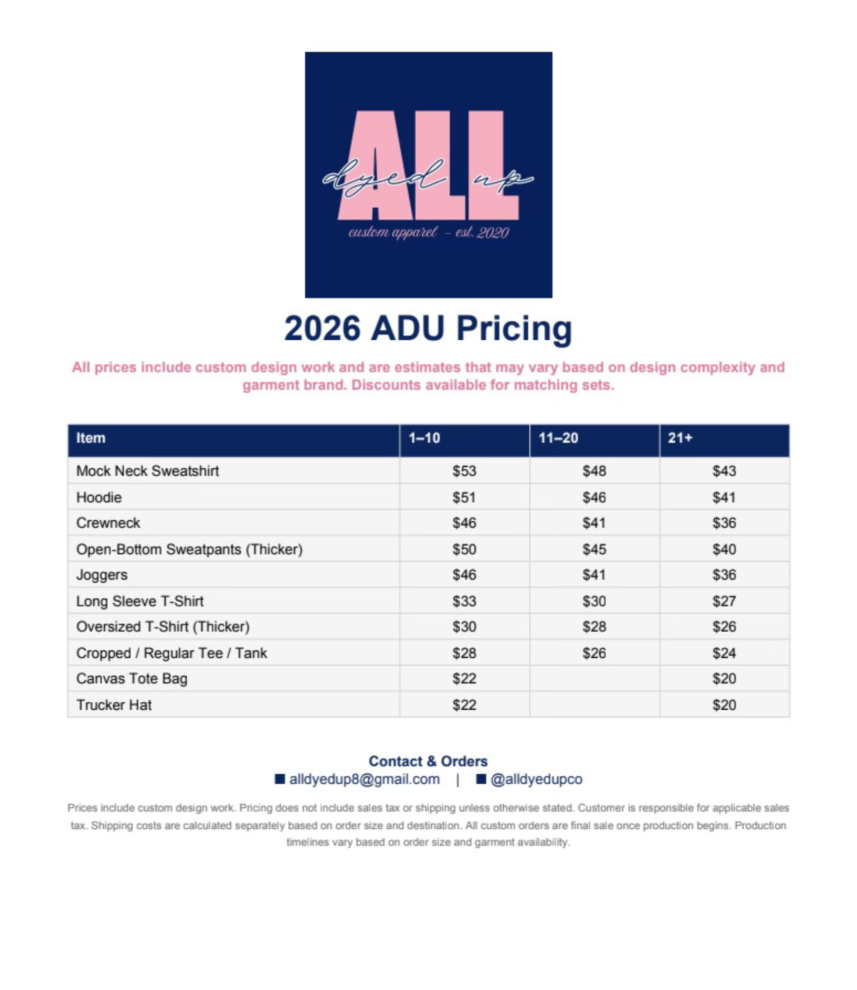 2026 ALD pricing sheet displaying clothing items and prices based on quantity, including mock neck sweatshirt, hoodie, crewneck, and T-shirts, with contact information at the bottom.