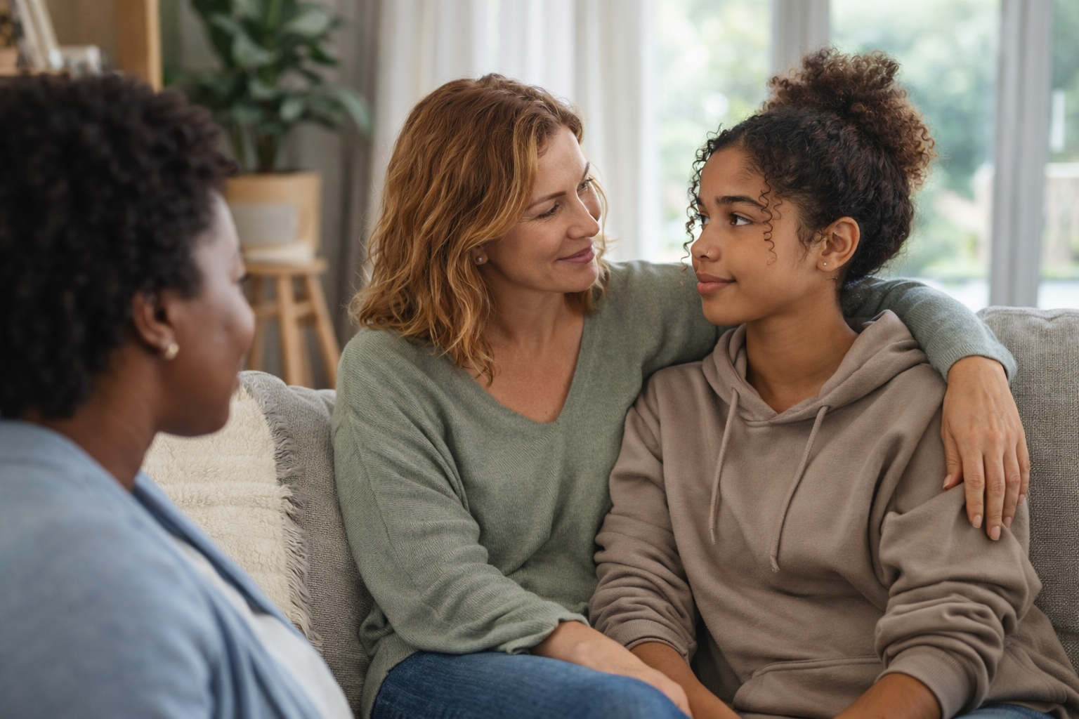 A woman with curly brown hair and a beige hoodie sitting on a couch, talking to a woman with red hair and a gray sweater, who is sitting beside a girl with curly hair and a beige hoodie, in a living room with large windows and green plants.