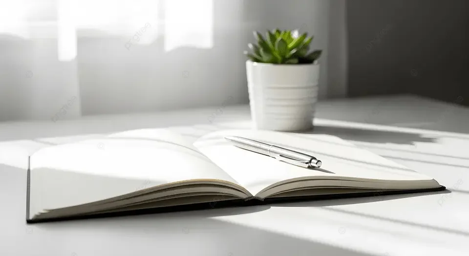 Open notebook with a pen on it, a white pot with a green succulent plant, and sunlight coming through a window.