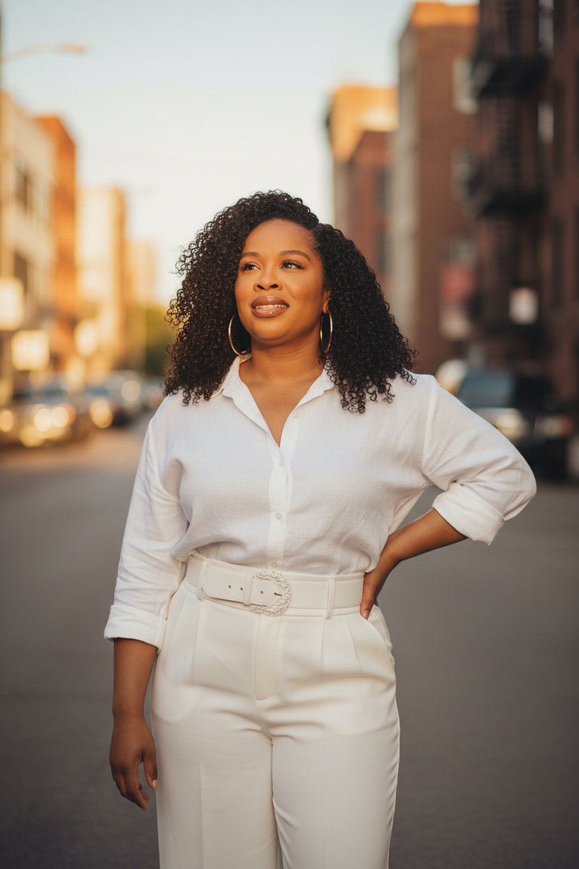 A woman with curly hair wearing a white blouse and white pants stands on a city street during daytime.