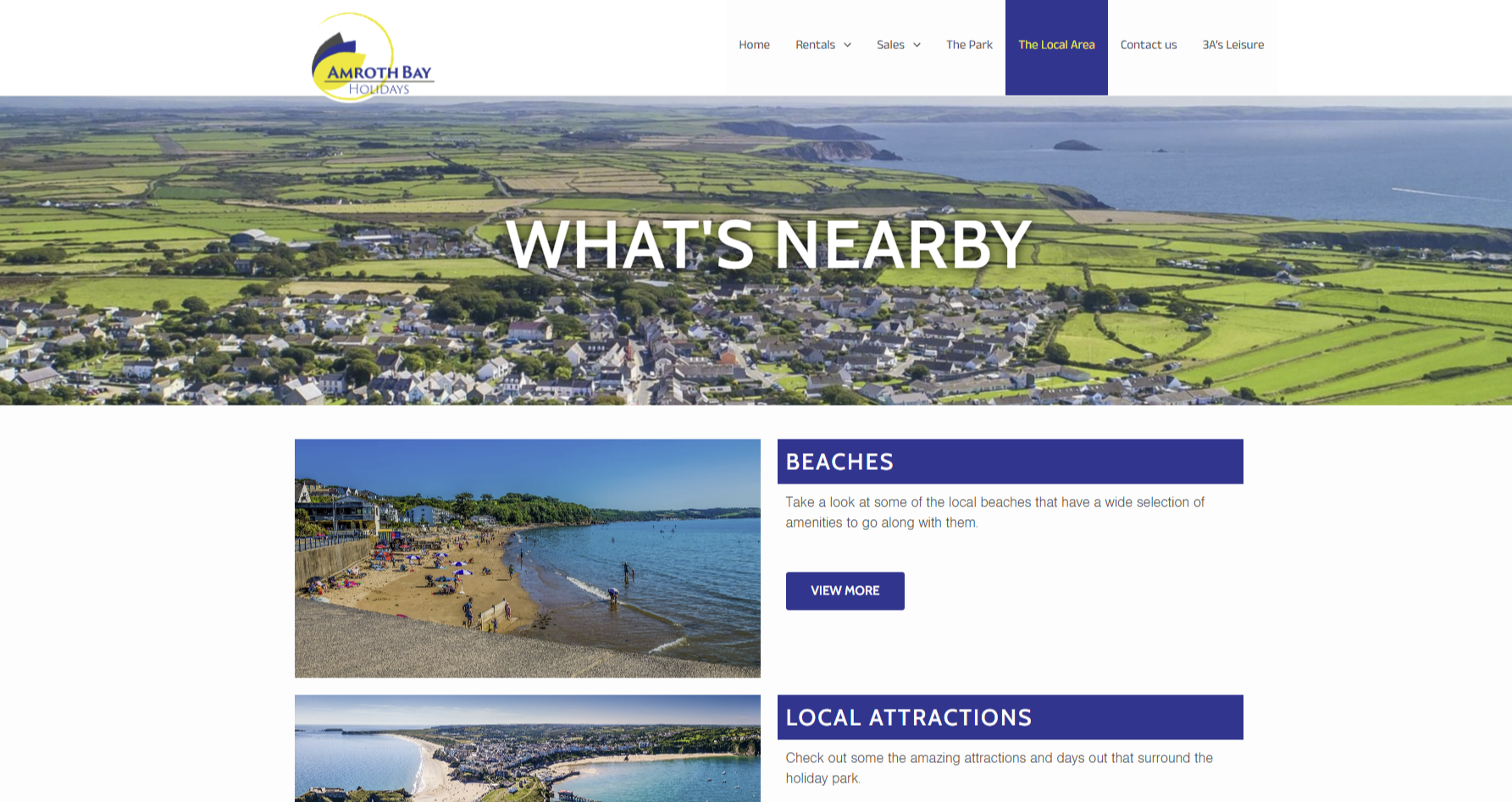 Website homepage for Amroth Bay Holidays featuring an aerial view of a coastal town with green fields and the sea in the background. The page has sections about beaches and local attractions.