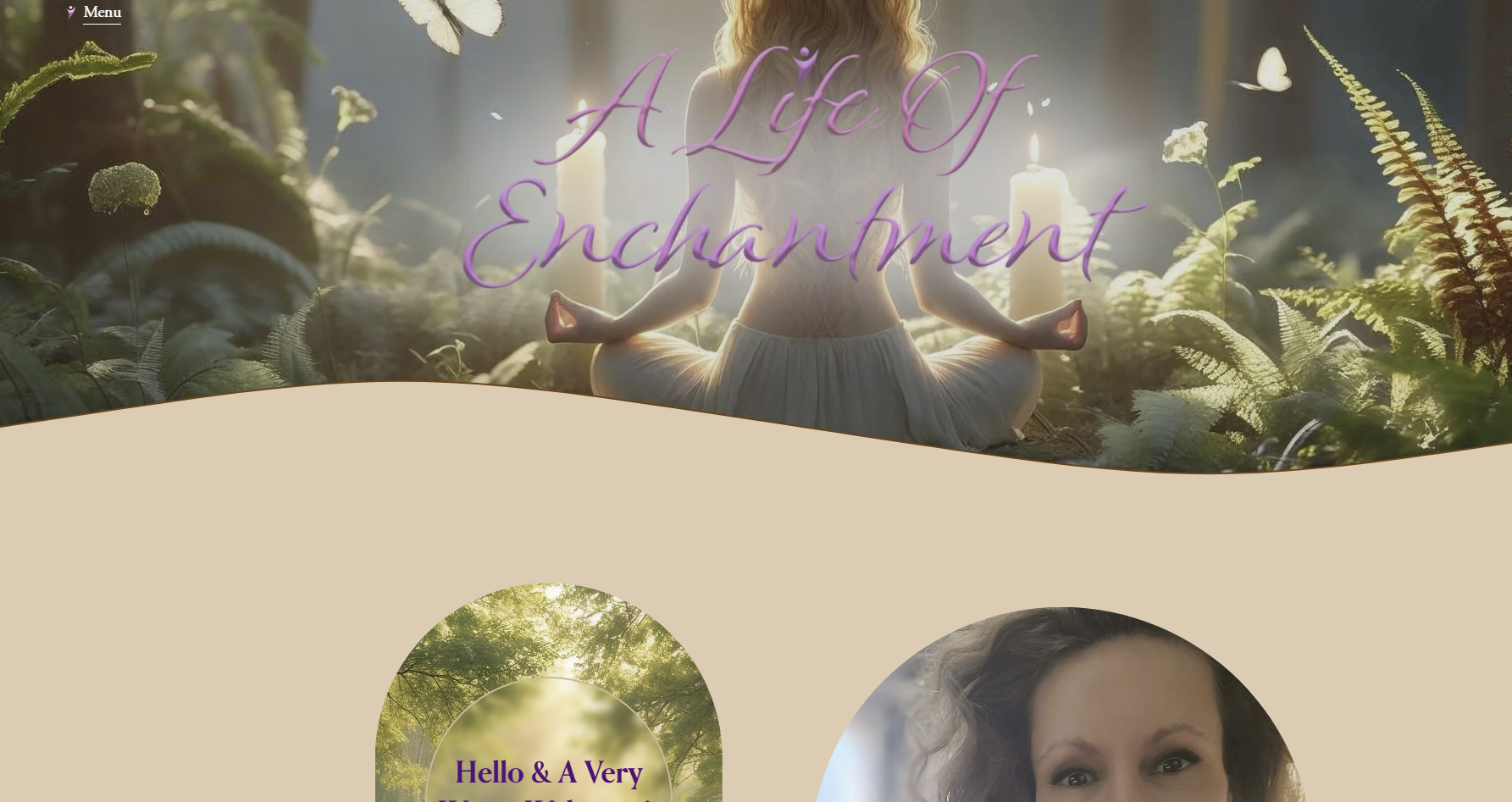 Woman practicing yoga meditation outdoors in nature at sunrise with candles and foliage, with text overlay 'A Life Of Enchantment' in purple cursive font.