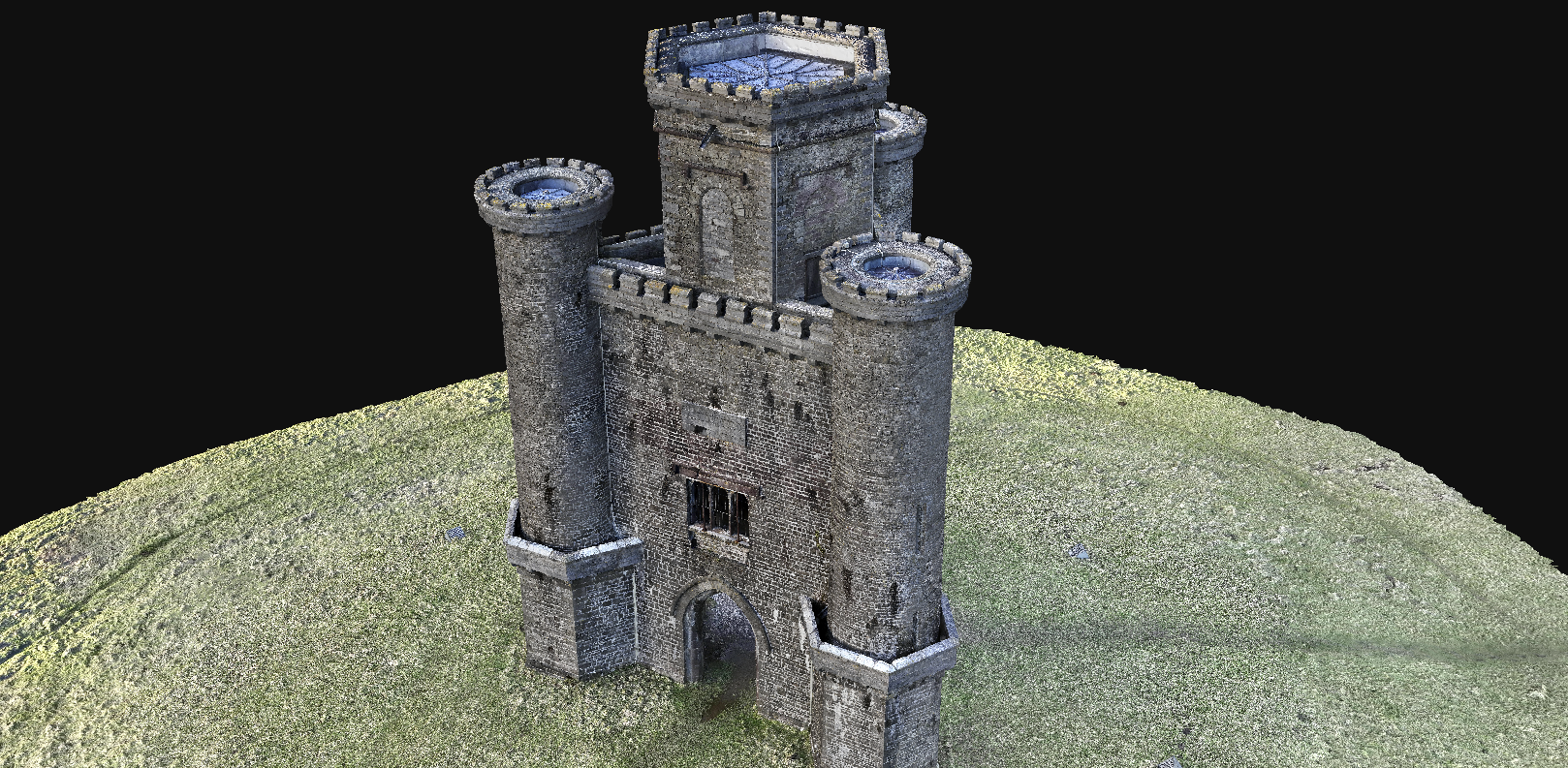 3D-rendered model of a medieval stone castle tower on a grassy terrain, with arched entrance and small window openings.