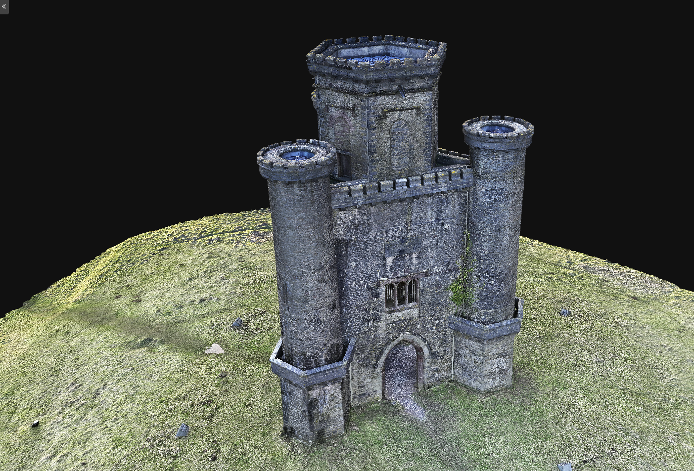 A 3D model of an old stone castle with three towers, situated on a grassy hill against a black background.