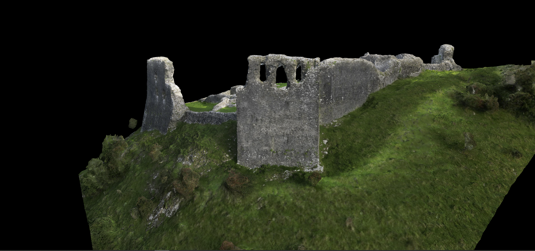 3D digital model of an ancient stone castle ruin on a grassy hill, with a tall tower, general walls, and arched openings, set against a black background.