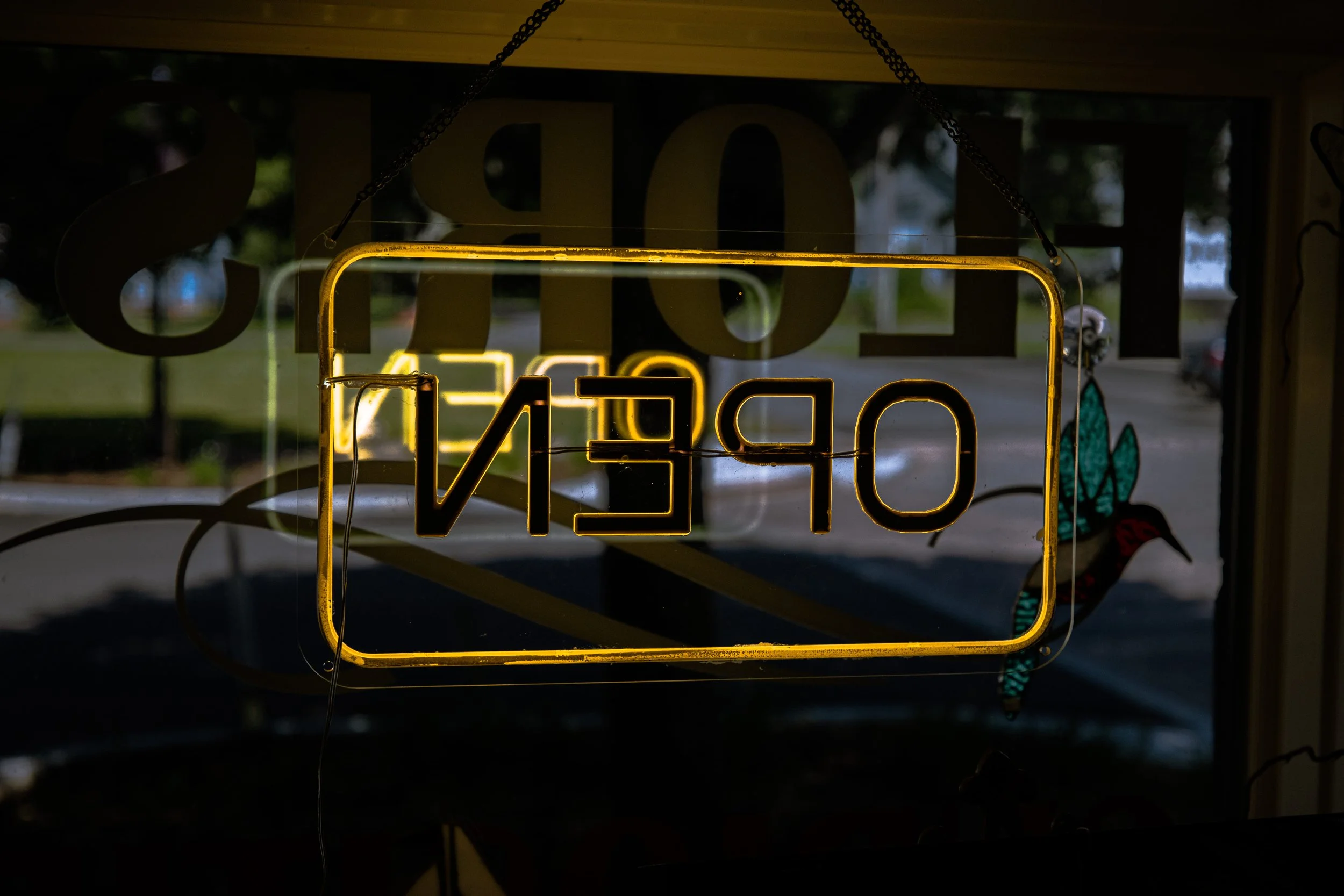 A neon sign with the word 'OPEN' in yellow and the word 'NOW' in white, hanging in a window with a dark background and trees outside visible in the reflection.