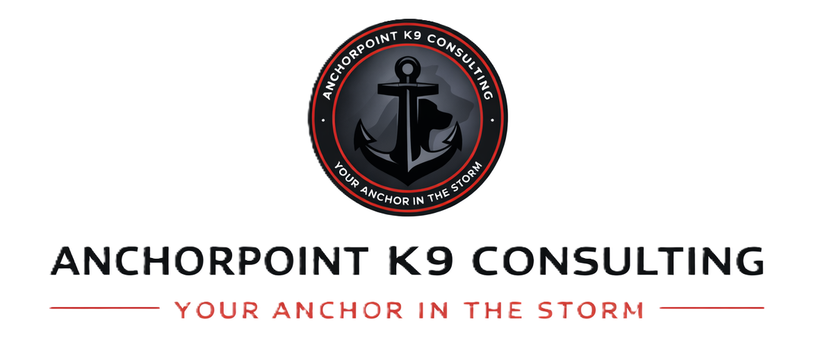 Circular Anchorpoint K9 Consulting logo with a black and gray anchor over a dog silhouette, red and white badge text, bold company name, and red tagline, “Your Anchor in the Storm.”