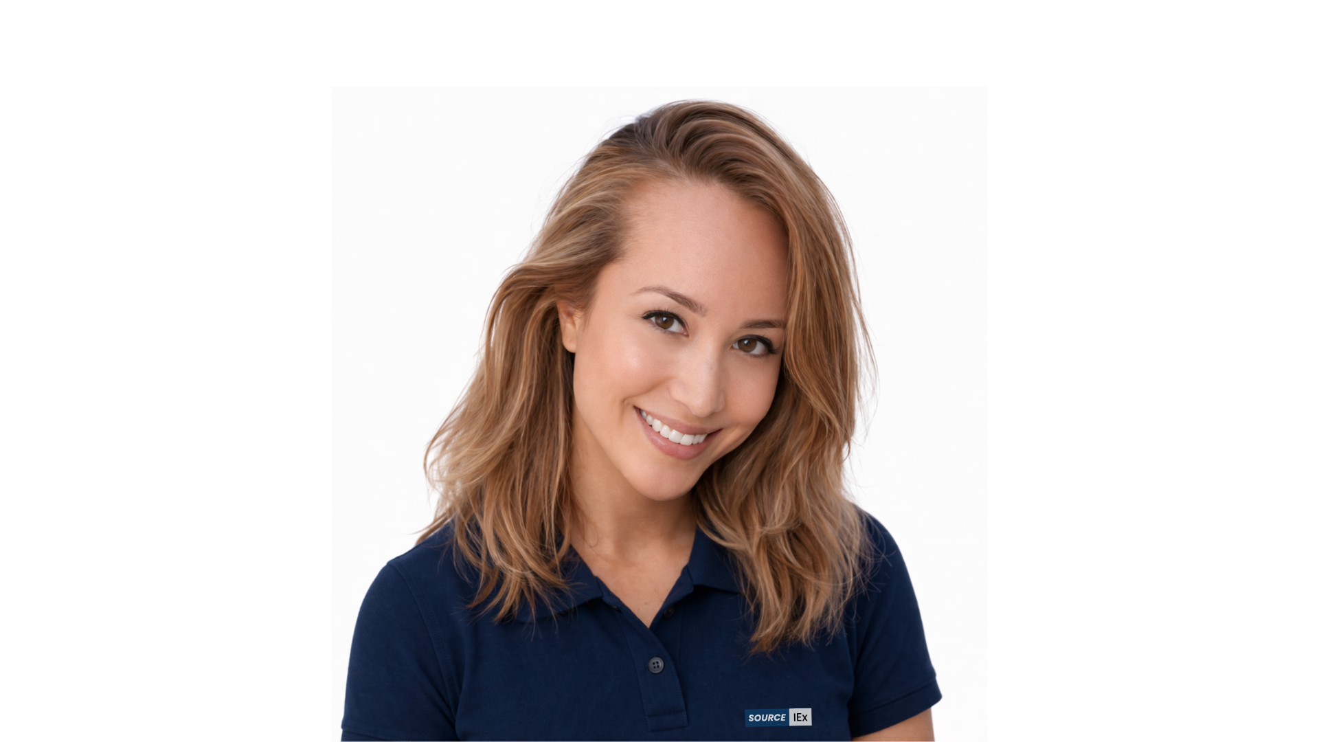 Portrait of a young woman with shoulder-length light brown hair, smiling, wearing a navy blue shirt, against a plain white background.
