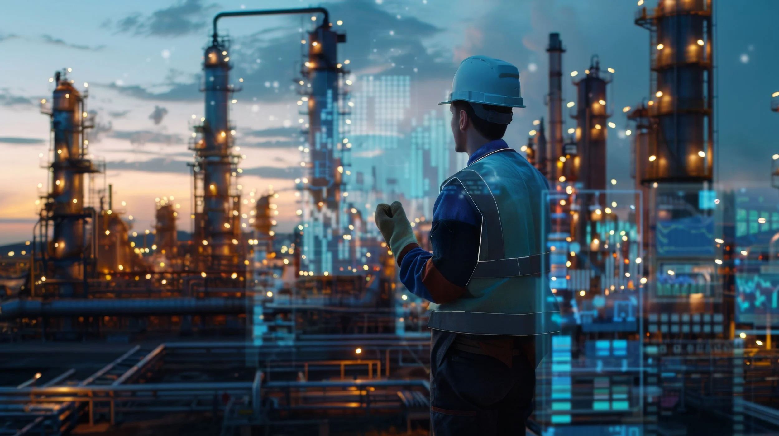 A worker in a hard hat and safety gear standing in an industrial refinery at dusk, with pipelines and industrial structures illuminated by lights and digital holographic graphics overlaid.