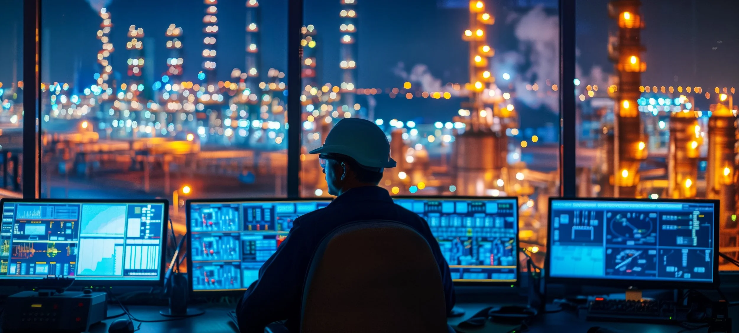A person wearing a hard hat working at a control station in a high-rise building overlooking an industrial cityscape at night with burning factories.