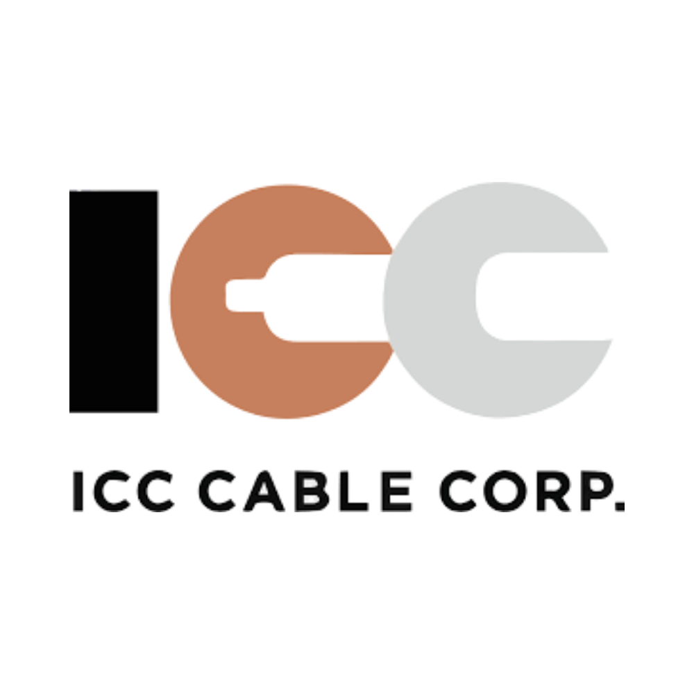 Logo of ICC Cable Corp with two interlocking circles, one brown and one grey, and the company name underneath.