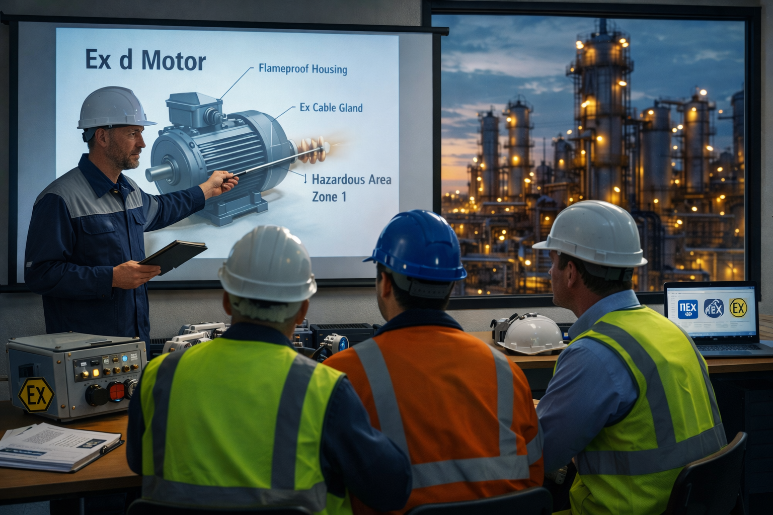 A group of four industrial workers in safety helmets and reflective vests attending a presentation about hazardous area zones. The presenter is pointing at a diagram of an explosion-proof motor on a screen. The background shows an industrial plant with lit-up pipes and towers at dusk.