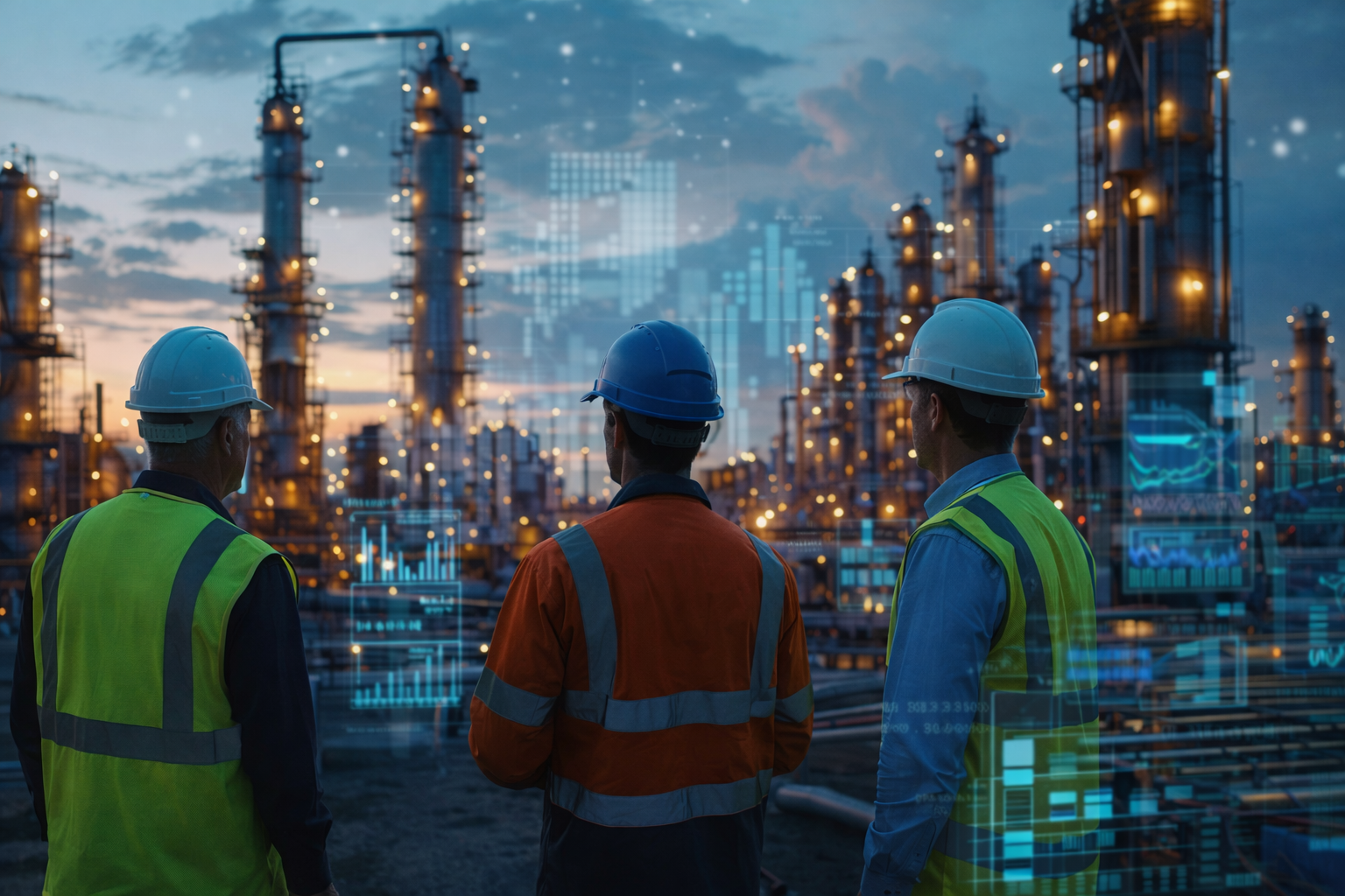 Three industrial workers wearing safety helmets and reflective vests inspecting a factory or refinery during dusk, with digital data overlays and a sunset sky in the background.