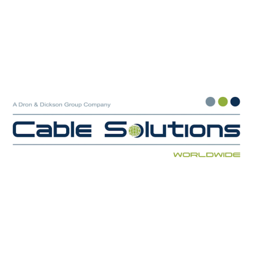 Graphic design featuring the word 'cable solutions' with colored circles and text elements.