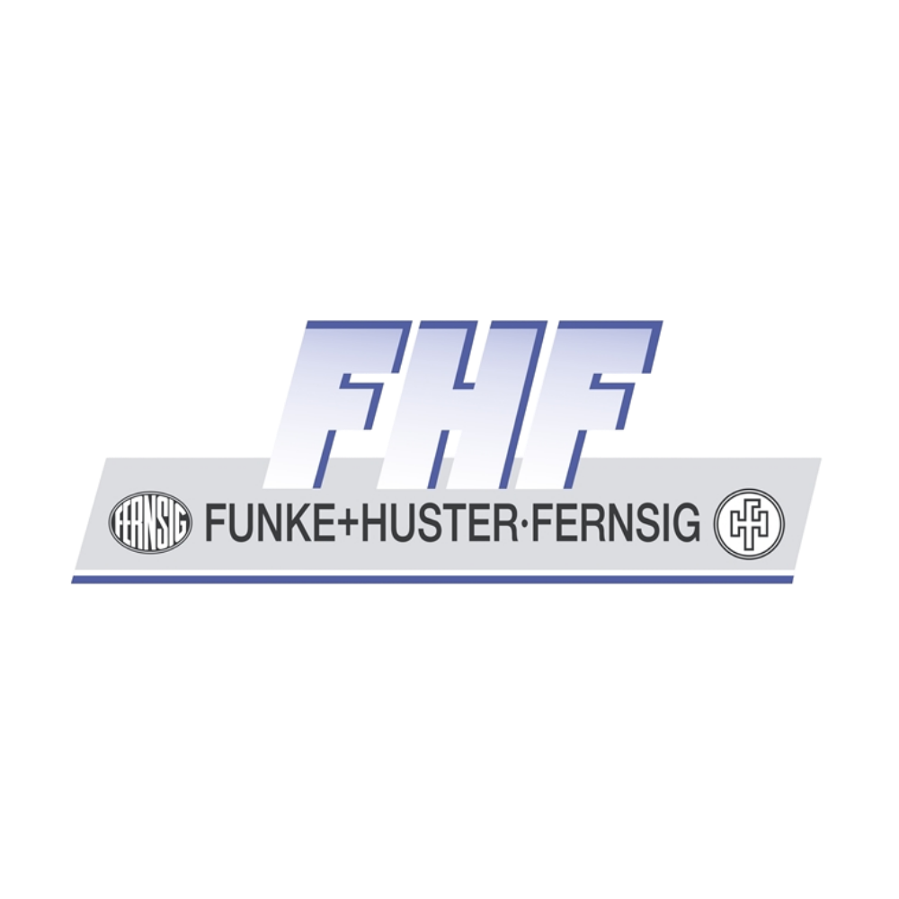 Logo for FHC, featuring the word 'FHC' in large blue and gray letters, with smaller text below reading 'FUNK + HUSTER · FERNSIG', and two circular emblems on either side of the smaller text.