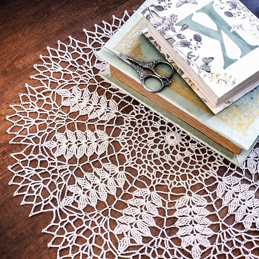 Finally! An FO pic of my 1955 Vintage Ripe Wheat Doily. 🕸️ 🙌

Pattern: Coat's &amp; Clark's O.N.T. Doilies, Book No. 319

Thread: Aunt Lydia's Classic 10 Crochet Thread in Silver, 0.90mm hook. 

#Crochet #Doily #DoilyCrochet #VintageCrochet #vintag