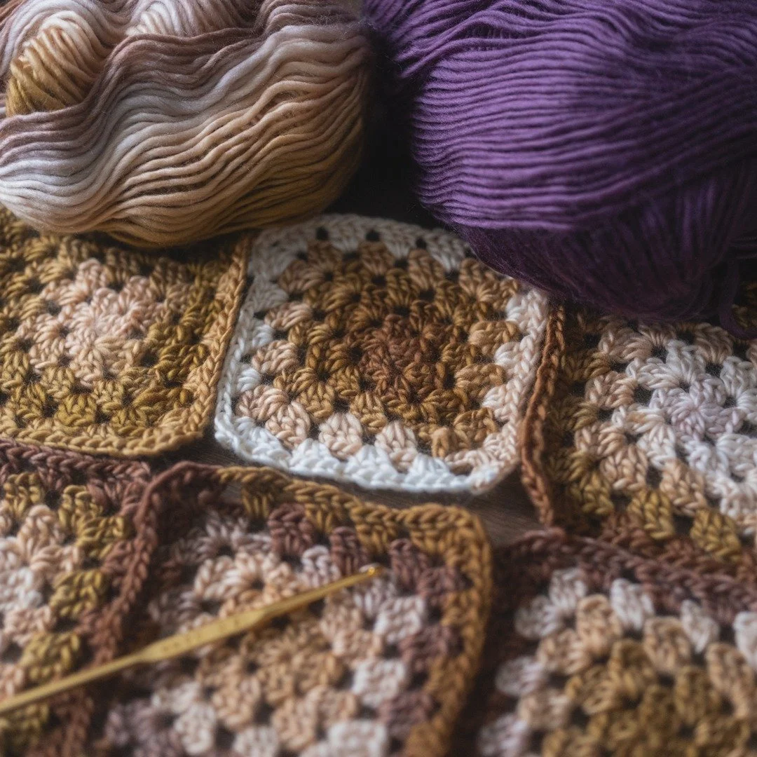 Whoops! I was merely sampling yarn for a future project, but it seems I got a bit carried away. 😅 Considering this a head-start. More details to come! 

🧶 Yarn is Loops &amp; Threads, Facets in "Toffee" and "Purple"

#Crochet #G