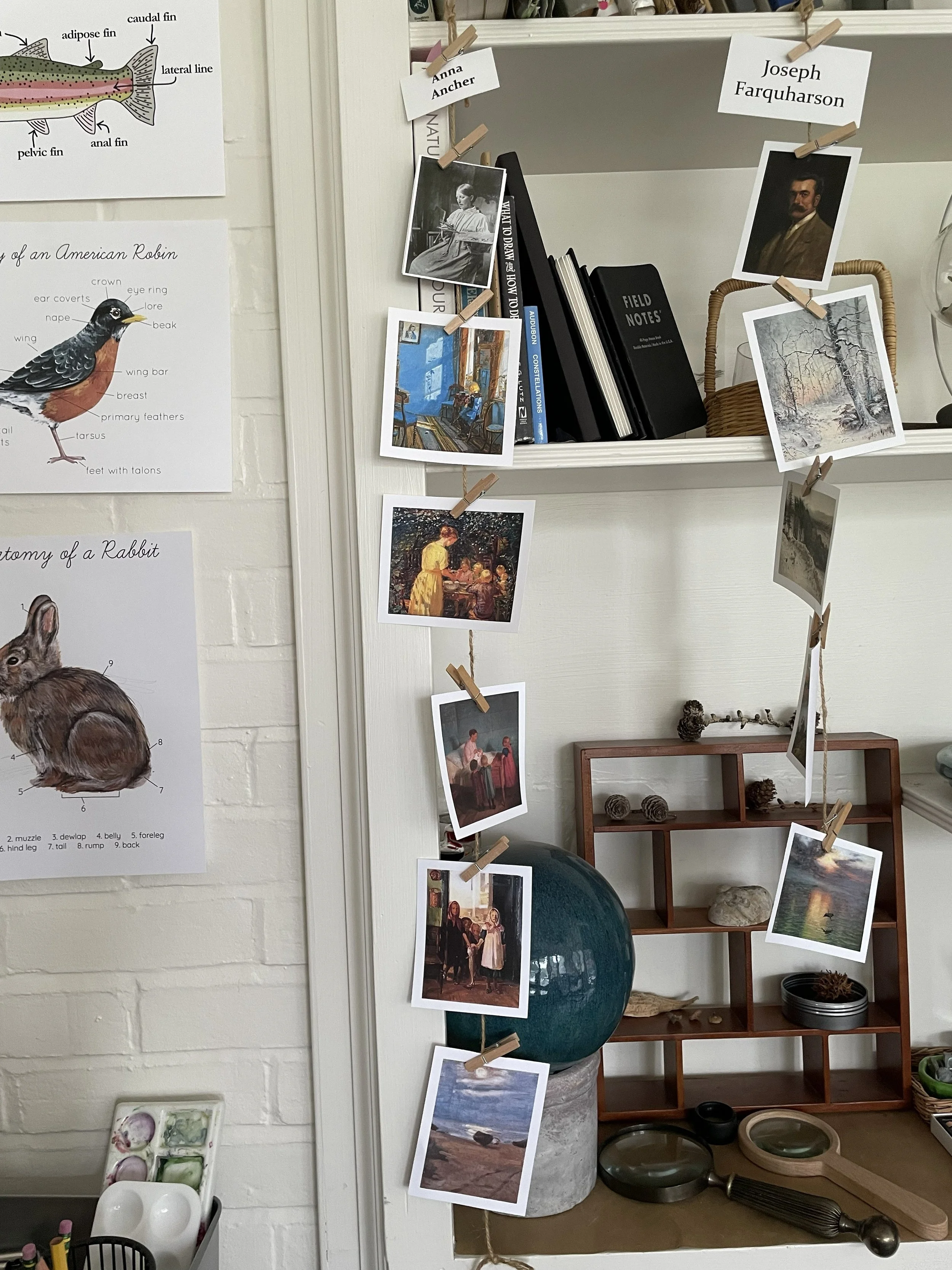 A collection of vintage photographs hanging from a string with clothespins, near a white bookshelf filled with books and a black notebook. There are small decorative objects on a wooden shelf and a large blue-green orb on a stand. On the wall, there are diagrams of a fish and a rabbit.