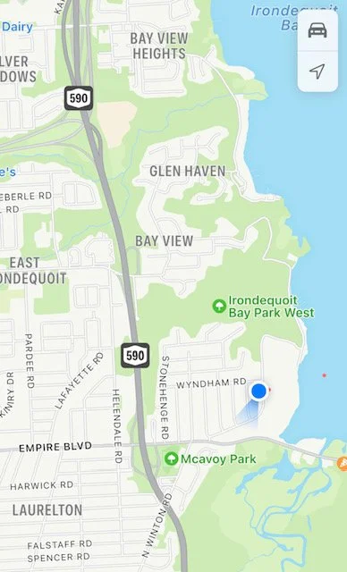 Map showing parts of Bay View Heights, Glen Haven, and Bay View neighborhoods along Lake Michigan, with parks Irondequoit Bay Park West and McAvoy Park marked.