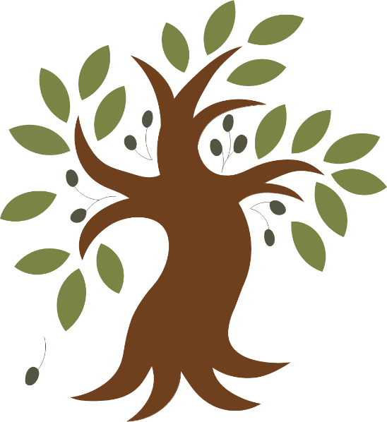 Illustration of a brown tree with green leaves and small gray buds.