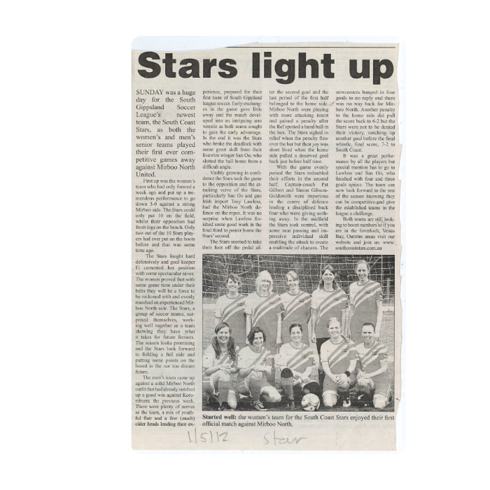 Newspaper article titled 'Stars light up' with a black and white photograph of a women's soccer team.