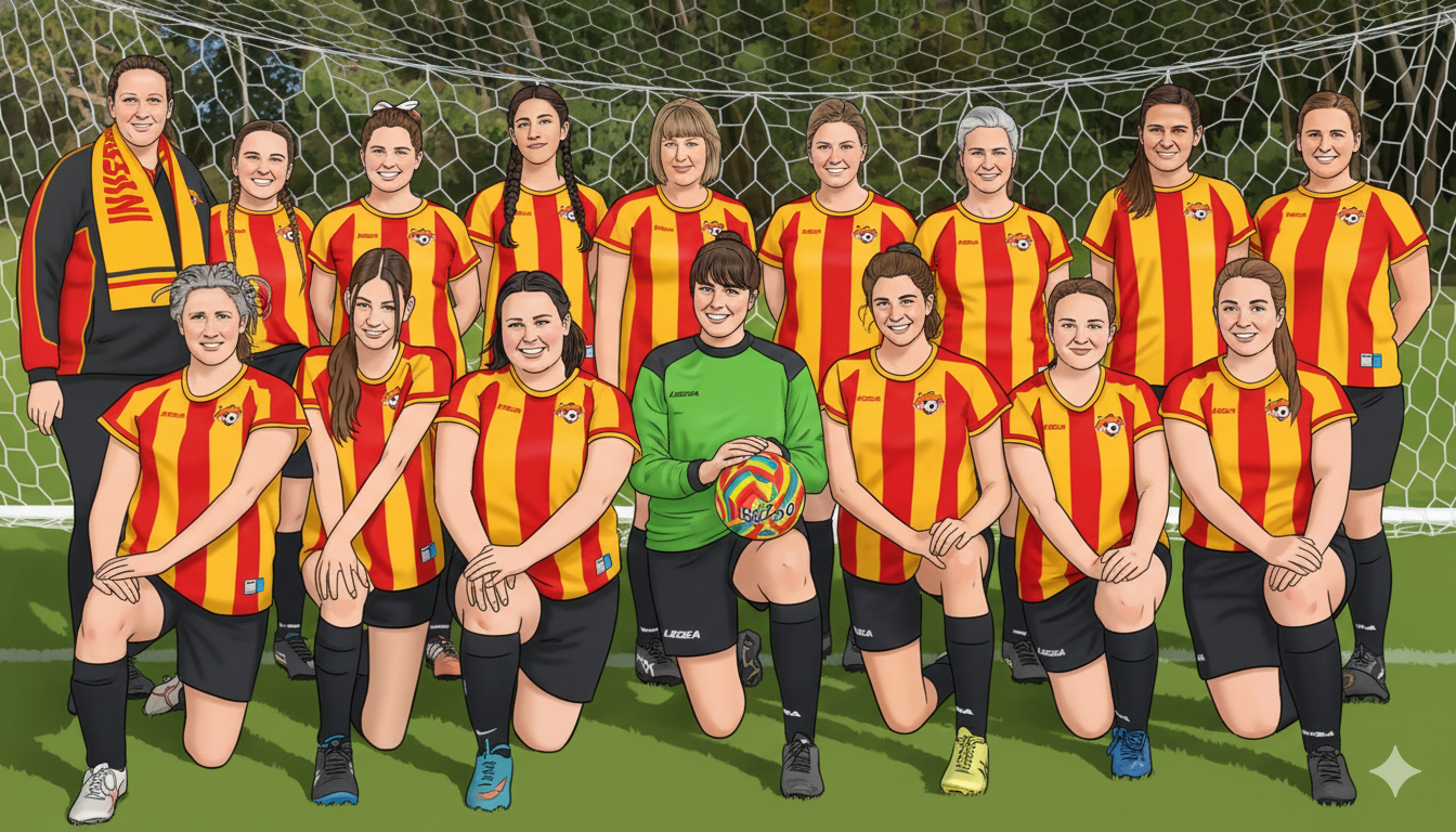 A women's soccer team posing on a field in front of a goal, wearing red and yellow striped jerseys and black shorts, with one player in green goalkeeper jersey holding a colorful soccer ball.