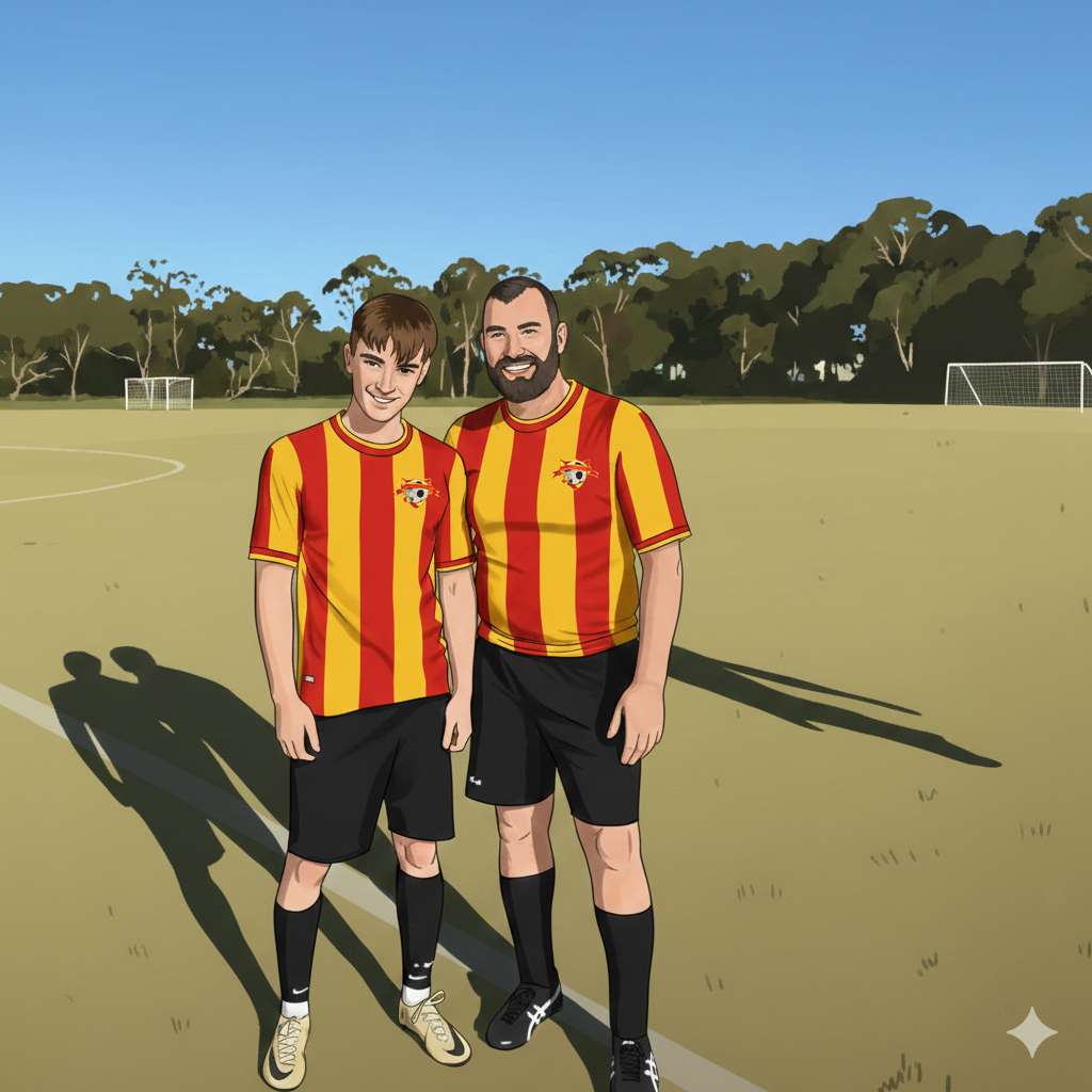 Two soccer players in yellow and red striped jerseys standing on a soccer field with goalposts and trees in the background.