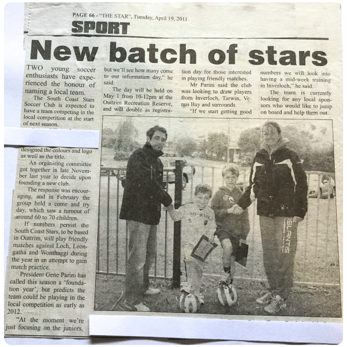 Newspaper article about young soccer players, featuring a photo of two coaches and two children on the field with soccer balls.