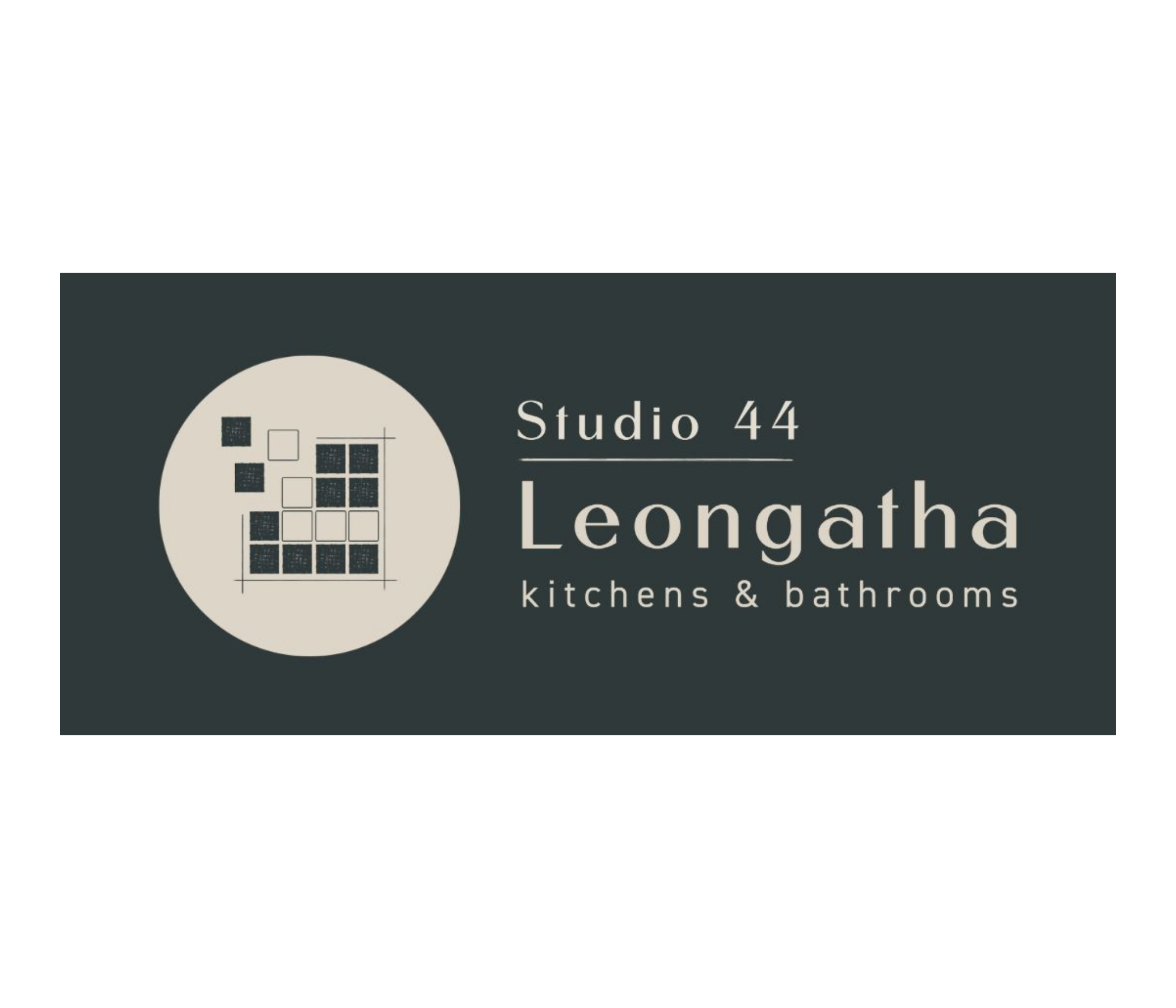 Business card for Studio 44 Leongatha Kitchens and Bathrooms featuring a circular logo with geometric design, dark background, and white text.