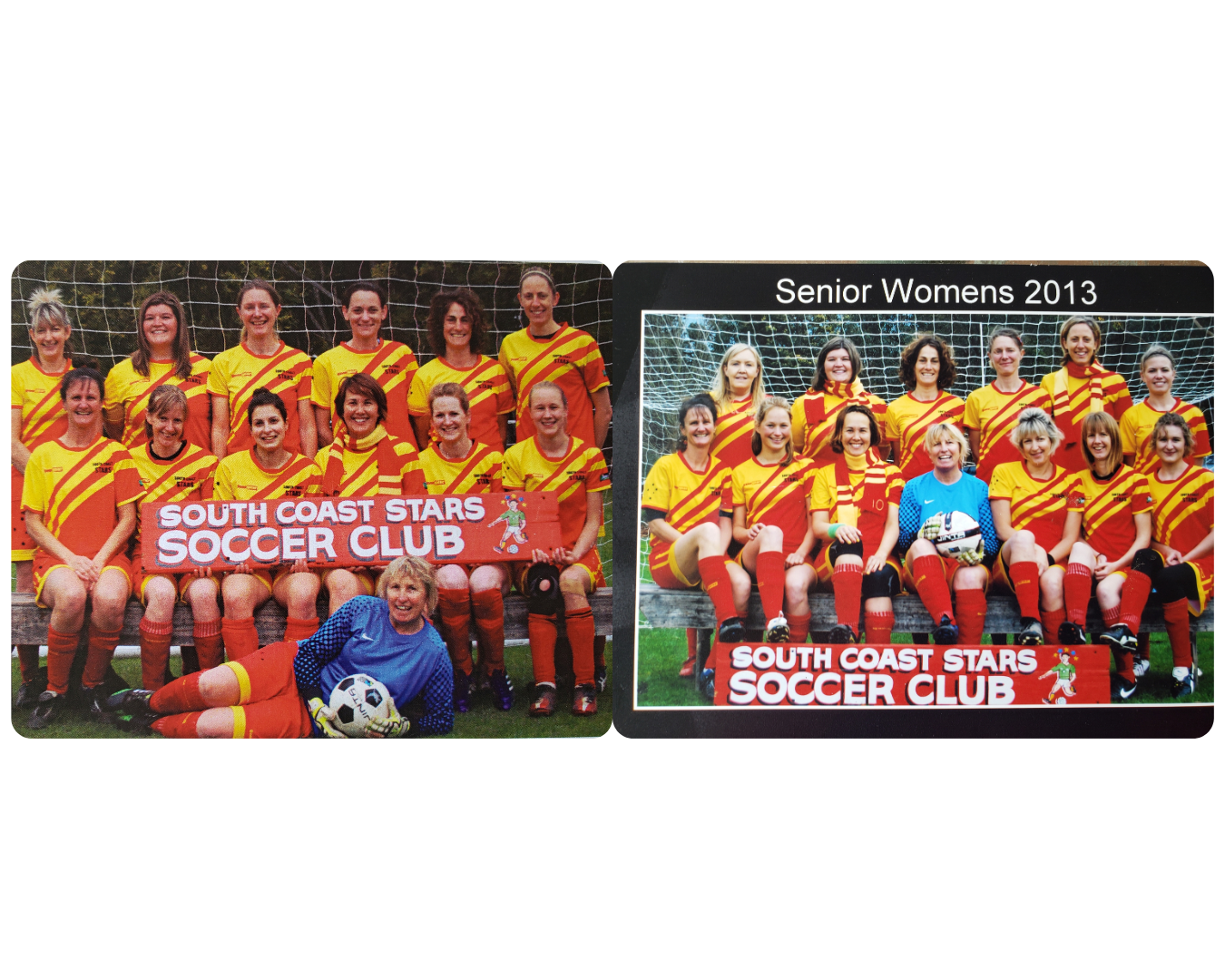 Two team photos of women in yellow and red soccer uniforms holding a red banner that reads 'South Coast Stars Soccer Club.' The first photo features the team with a woman in a blue goalkeeper jersey sitting in front, holding a soccer ball. The second photo is labeled 'Senior Womens 2013' and shows the team sitting and kneeling in front of a soccer goal.