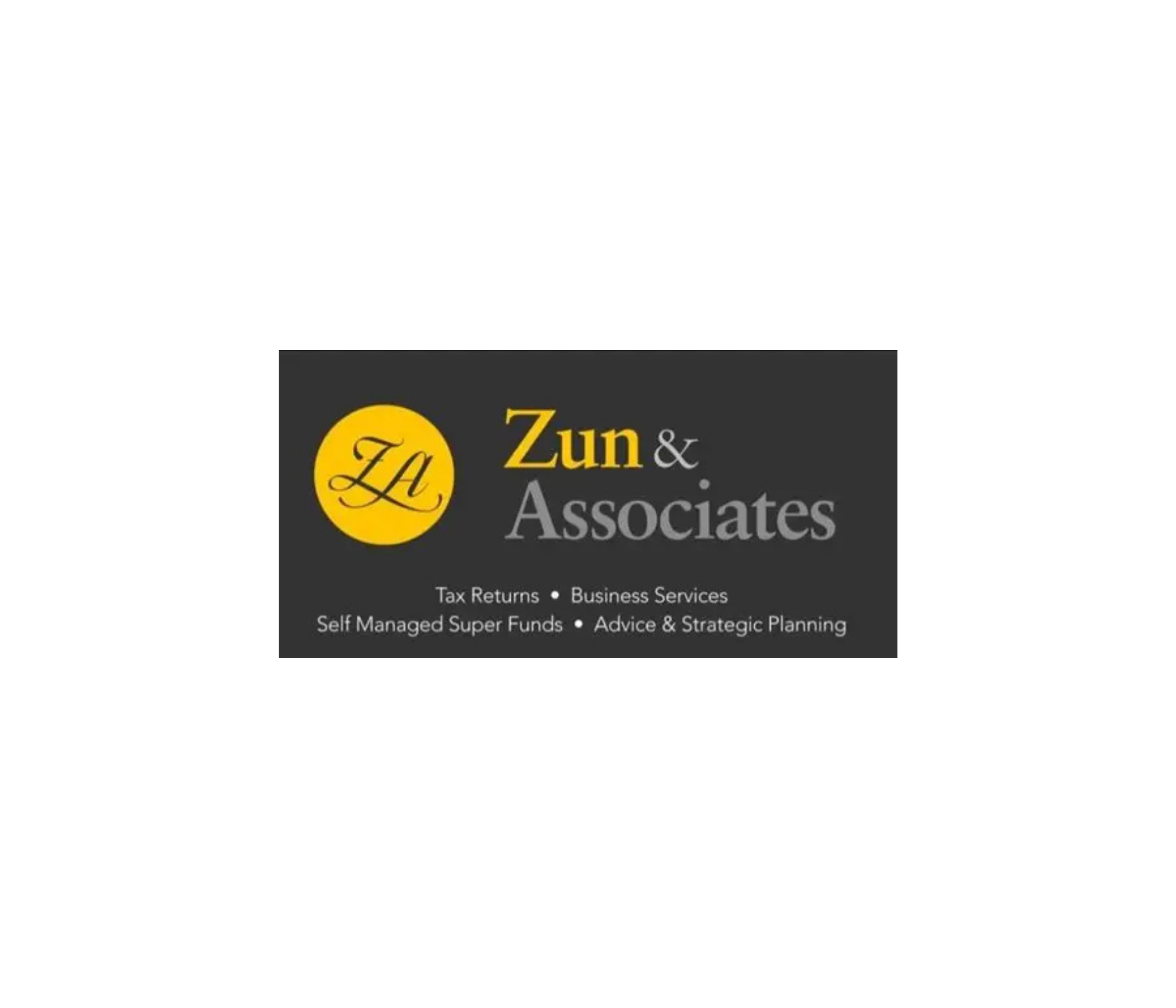 Business card for Zun & Associates, offering tax returns, business services, self-managed super funds, advice, and strategic planning, with a logo featuring a yellow circle with