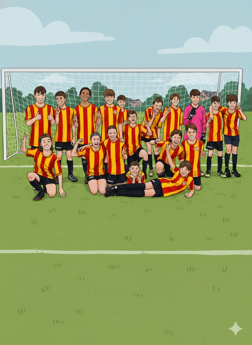A group of young children in yellow and red soccer uniforms posing together on a soccer field, with a goalpost behind them, celebrating after a game.