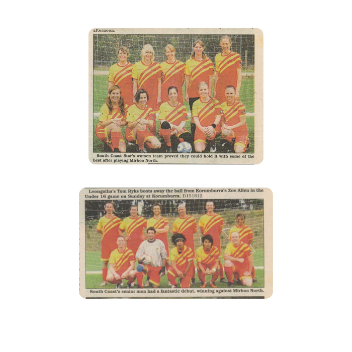 Photograph of two soccer team photos, one of women's team and one of men's team, both in yellow and red uniforms, on a grassy field.