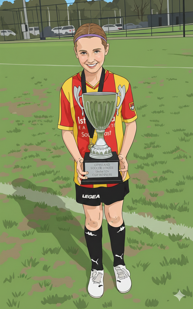 A young female soccer player with light brown hair, wearing a red and yellow jersey, black shorts, black socks, and white shoes, holding a large silver trophy on a grassy field.