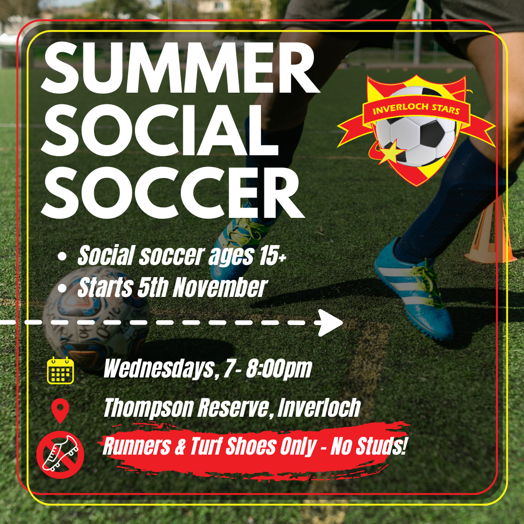 Poster for summer social soccer organized by Inverloch Stars. Features a background image of a person playing soccer, with text providing details about the event, including age group, start date, schedule, location, and footwear requirements.