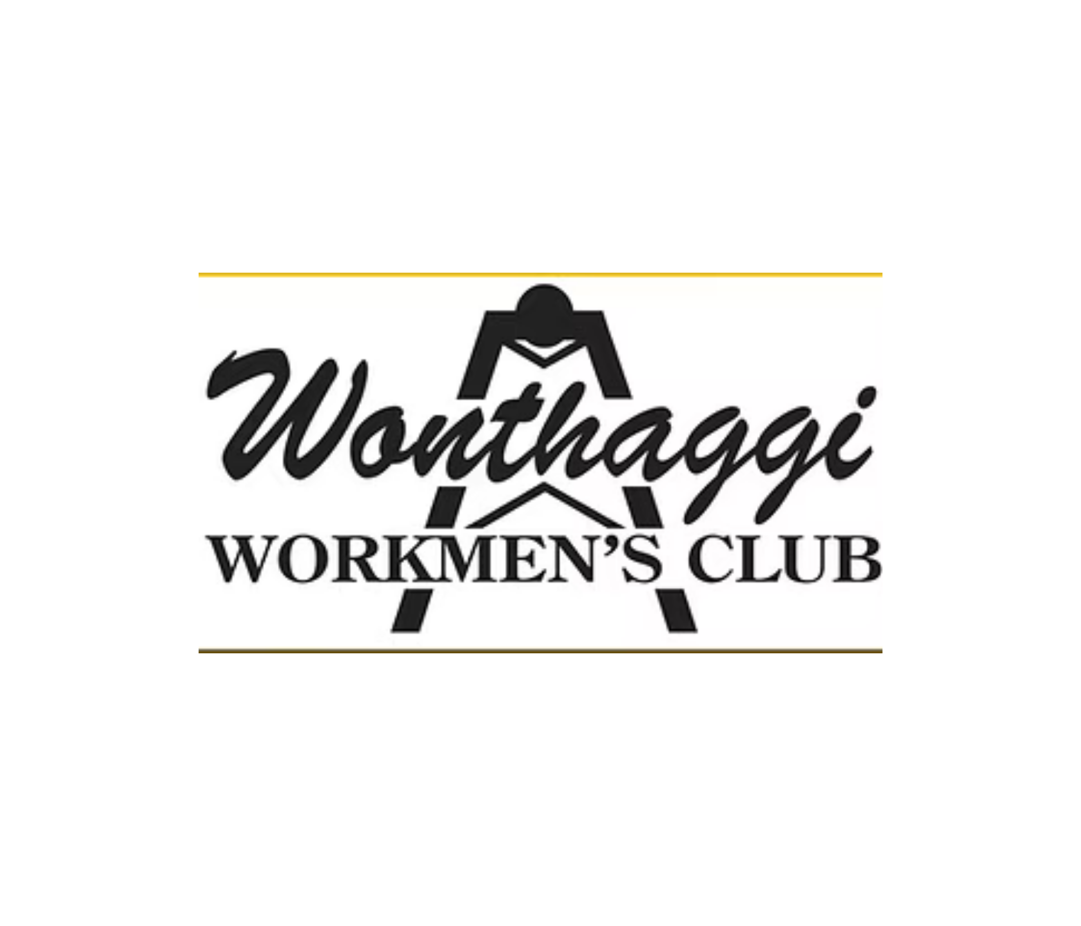 Logo of Wonthaggi Workmen's Club with black stylized human figure and text in black.