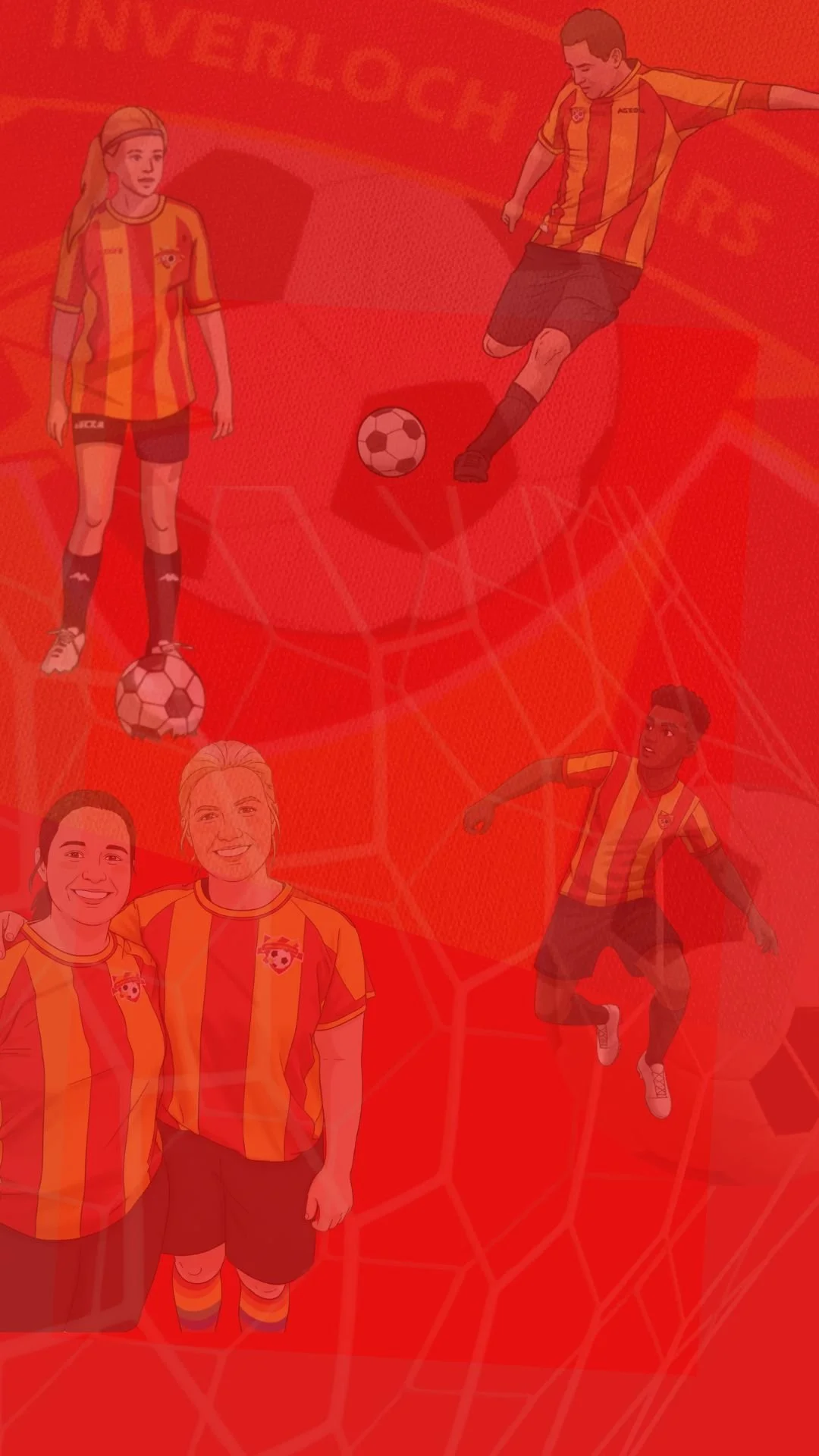 Group of four women in soccer jerseys, standing and smiling, with three animated players in yellow and red striped jerseys, playing soccer in a stylized red background.