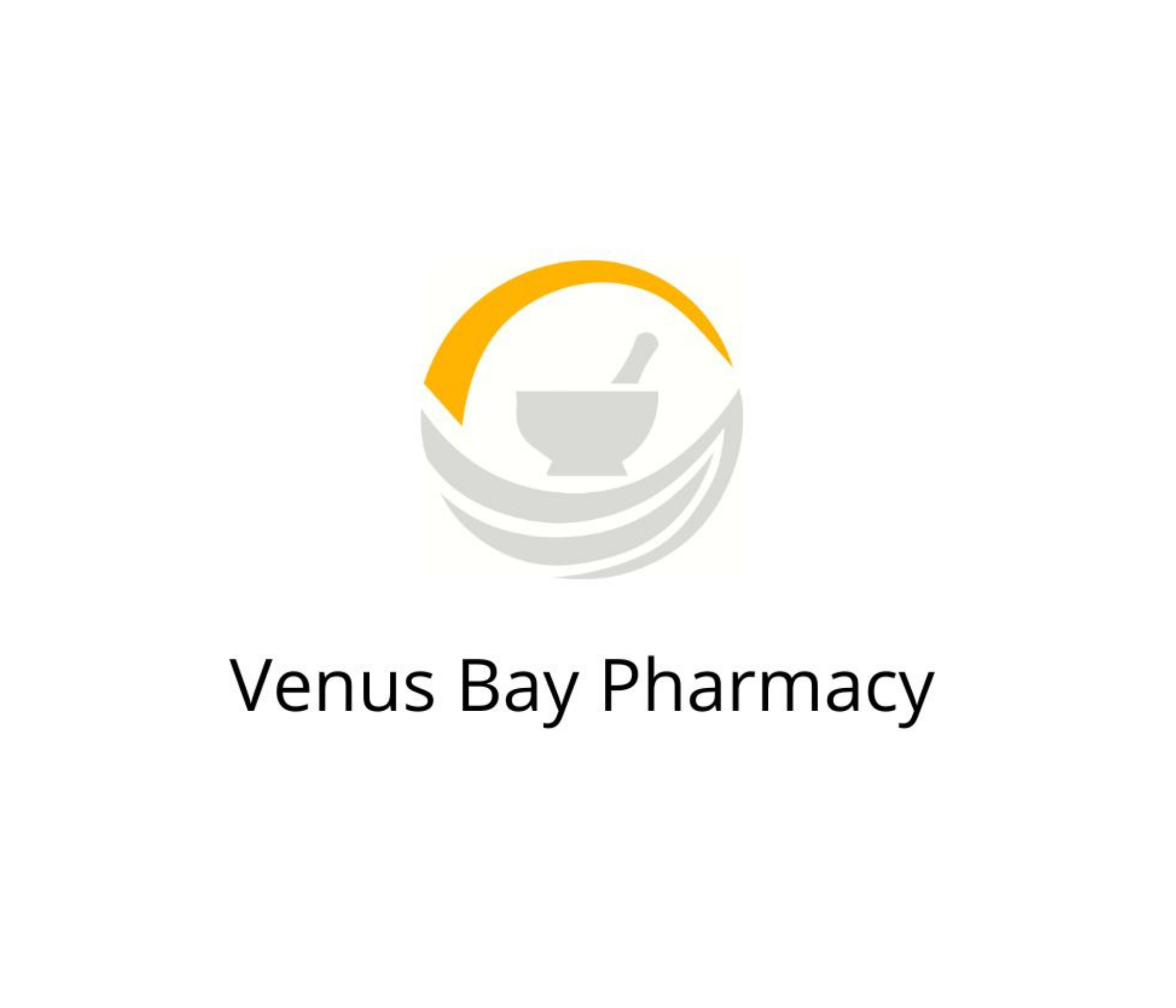 Logo of Venus Bay Pharmacy featuring a mortar and pestle with a yellow curved line, and the words "Venus Bay Pharmacy" below.