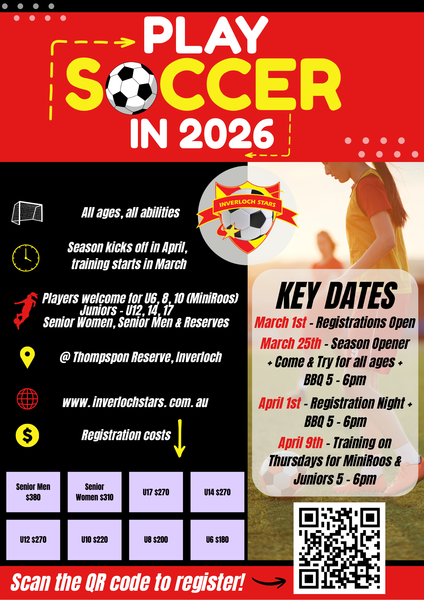 Promotional poster for soccer league registration in 2026, featuring a red background, bold yellow and white text, a soccer ball graphic, a photo of a girl playing soccer, and a QR code for registration.